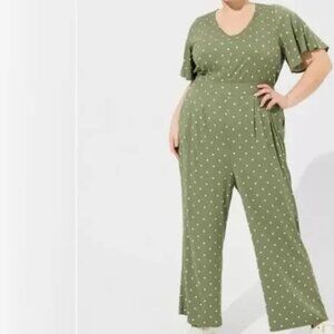 Torrid Challis Flutter Sleeve Jumpsuit Green Polka Dot Size 2X